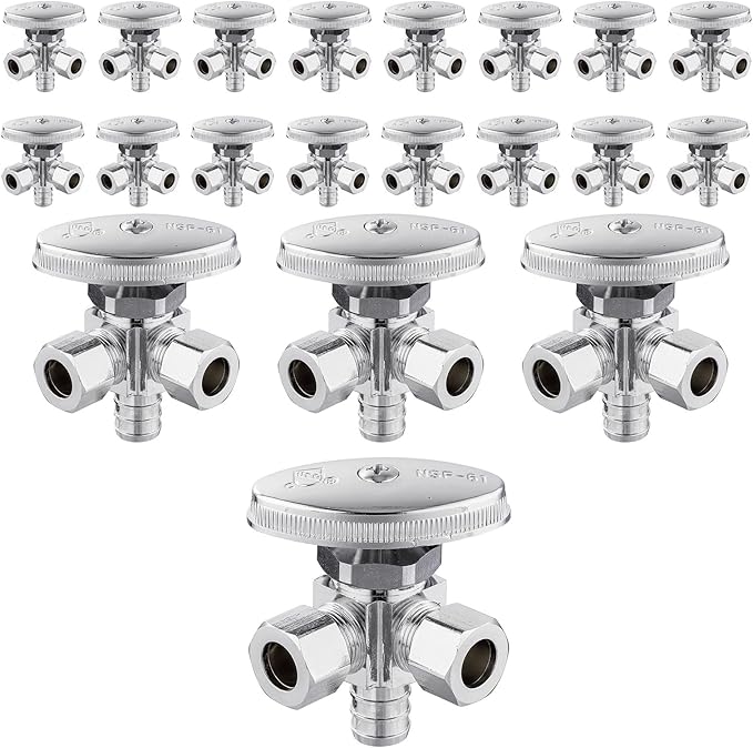 (Pack of 20) EFIELD Dual Outlet Angle Stop Valve, Multi-Turn, 1/2" Crimp Barb Pex Inlet x (3/8 inch x 3/8 inch) Compression Outlet, Chrom Plated,(VALVE063-20PCS)
