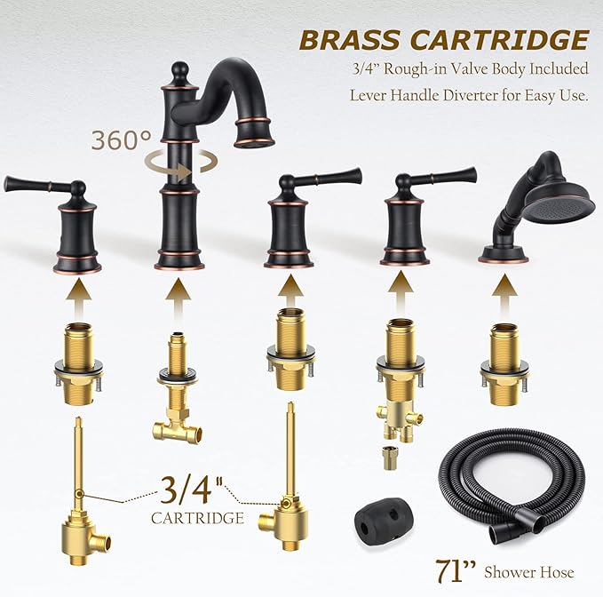 Roman Tub Faucet Set With Handheld Shower 5 Hole Deck Mount Tub Filler With Diverter, 3 Lever Handle Rough-in Valve and Water Supply Lines Included for Bathroom Tub, ORB