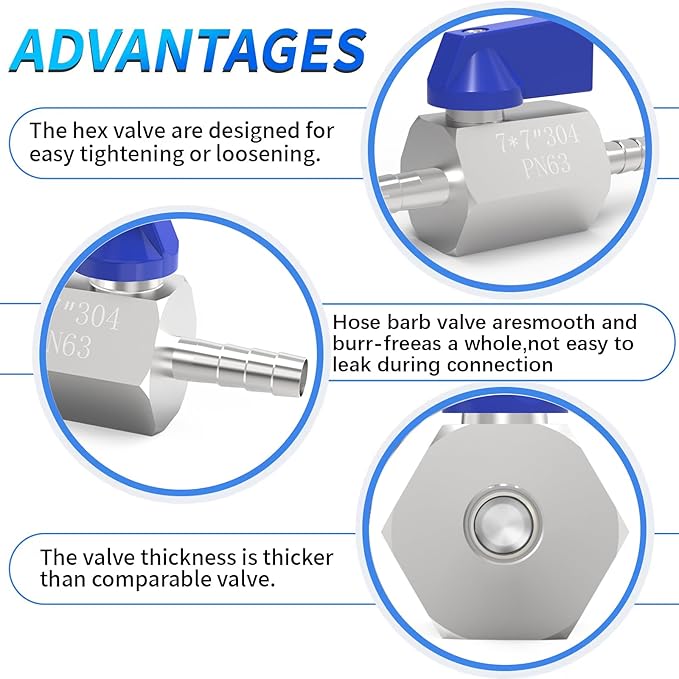 ChillWaves 304 Stainless Steel Mini Ball Valve, Shut Off Switch Ball Valve 1/4" Barb with Hose Clamp for Water、Gas、Fuel、Drip Irrigation and Aquariums(1-PACK)
