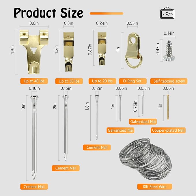 Picture Hanging Kit Hanging Hardware Assorted with Magnetic Hammer D Ring Nails Hooks Wires Magnetic Level for Wall Mounting Heavy Picture Canvas Paintings Photos Frame Board Clock