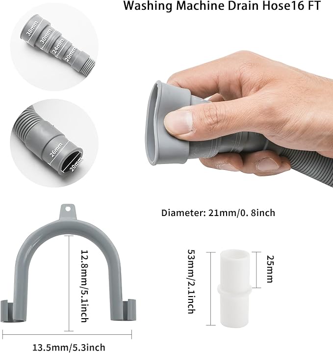 16 FT Washing Machine Drain Hose Universal Dishwasher Drain Hose Extension Kit for Washer, Flexible Discharge Hose with 1 U-Bend Hose Holder and 2 Hoses Clamps