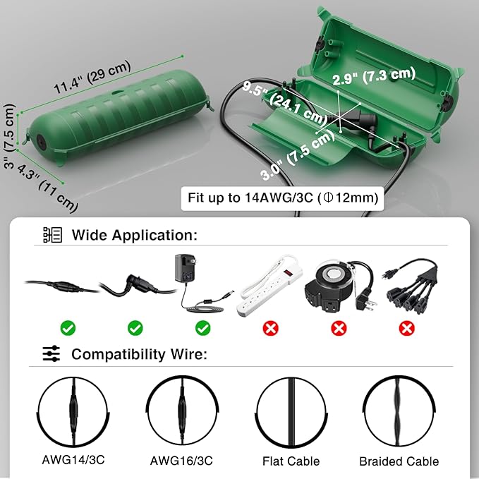 Flemoon 2-Piece Outdoor Waterproof Electrical Box Set – 12.5" x 8.5" x 5" Large Electrical Box & 11.3" x 4.3" x 3" Extension Cord Cover for Power Strip, Outlet, Holiday Light, Green