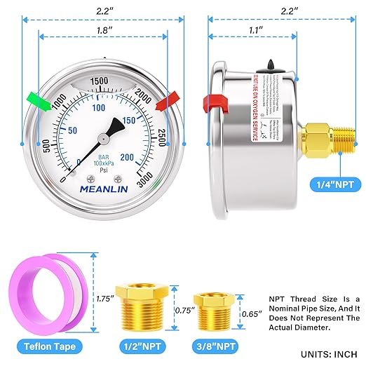 MEANLIN MEASURE 0~3000Psi Liquid Filled Pressure Gauge Stainless Steel 1/4" NPT 2" FACE DIAL for WOG Water Oil Air Center Back Mount, with Hex Bushing and 2PCS Snaps