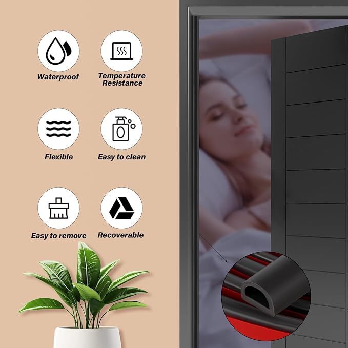 Silicone Weather Stripping Door Seal, 20FT Self Adhesive D-Shaped Door Weather Stripping for Door Frame＆Window Seal