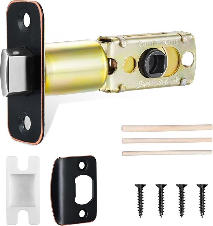 Oil Rubbed Bronze Adjustable Door Latch 60 or 70mm, 45° Turning Angle, Door Lock Replacement Parts with Door Strike Plate, Wood Dowel, Dust-Boxes
