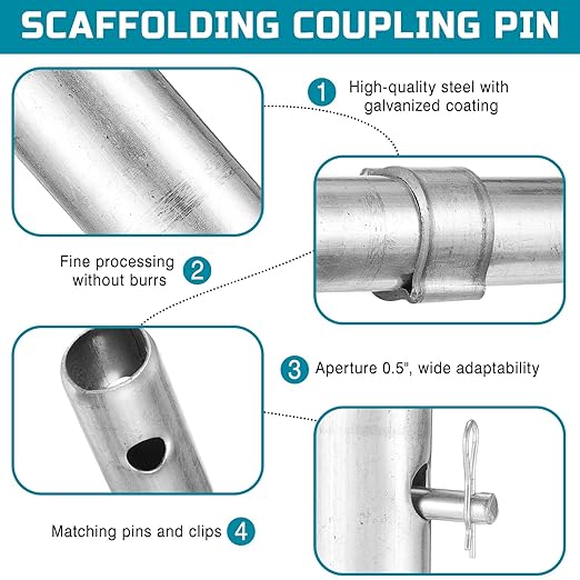 24 Pack Scaffolding Coupling Pin 9"L Heavy Duty Scaffolding Coupling Pin with 1" Collar and 48 Spring Retainers Locking Pins Scaffold Connecting Rod Accessories(1-1/4"od)