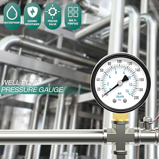 0-200PSI Well Pump Pressure Gauge 2" Dial Size, 1/8" NPT Lower Mount, 3-2-3% Accuracy, for Tube, Water Pump, Gas, Liquid, Pressure Test