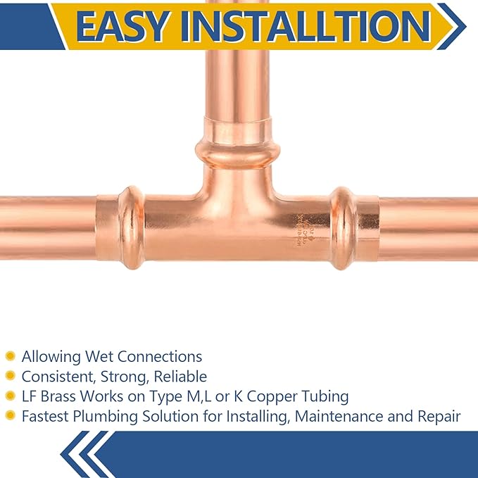 20-Pack GUOFIS Copper Press Tee,1/2" x 1/2"x 1/2" Tee Fittings for Copper Tube Connection with Stop(PRESS009-20Pack)