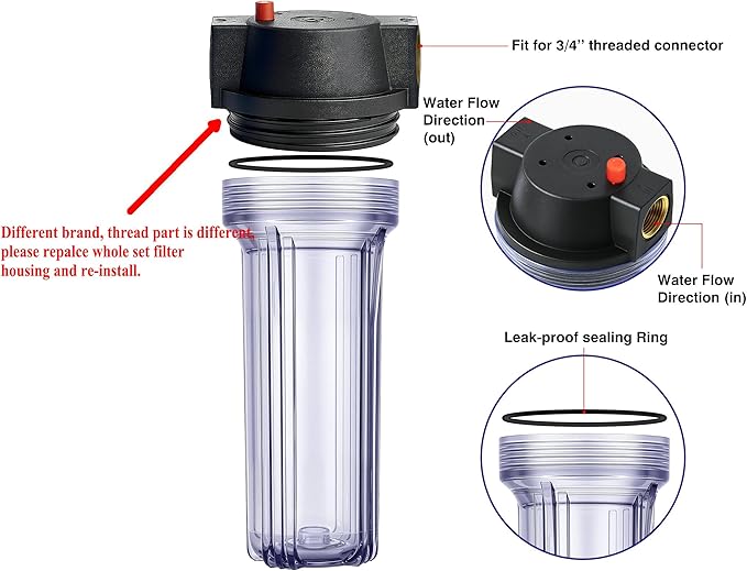 Geekpure 10-Inch Whole House Slim Water Filter Housing with Pressure Relief Valve - 3/4" NPT Brass Port-Fit for 2.5" x 10" Filters-Clear (1)