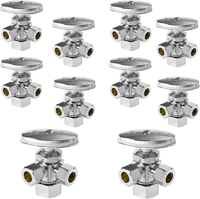 HeSun 10-PCs Pex Angle Stop Valve, 1/2" Nominal (5/8"OD) Comp x 3/8" OD Comp x 3/8" OD Comp, 3-Way Multi Turn Compression Angle Stop,PEX Chrome Plated Brass