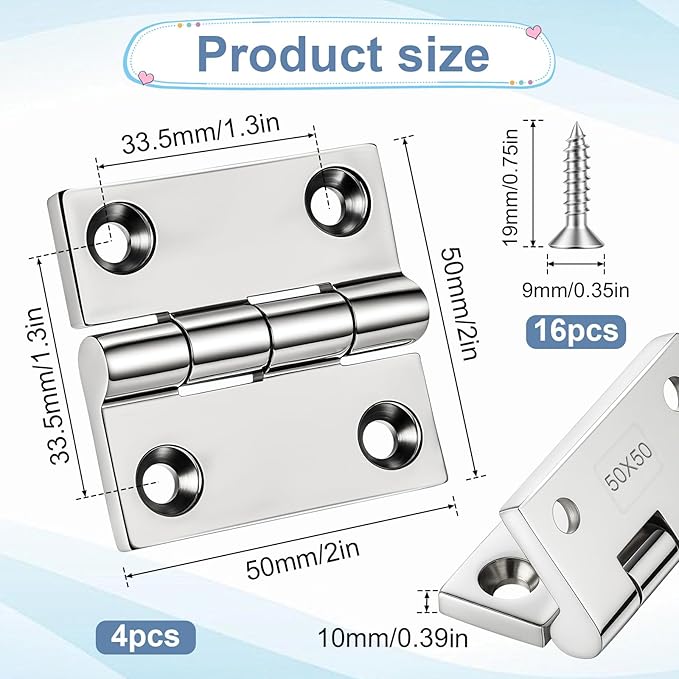 316 Stainless Steel Hinges Marine Grade, 2 inch x 2 inches (50mm X 50 mm), 4 PCS Heavy Duty Boat Hatch Hinge, Cabinet Butt Hinges Marine with Screws, for Boats, RVs