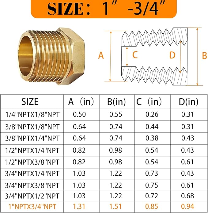 2 Pcs Brass Bushing 1" Male to 3/4" Female, 1" to 3/4" NPT Adapter Hex Brass Reducing Pipe Adapter Fitting Pipe Hose Tube Adapter Convert