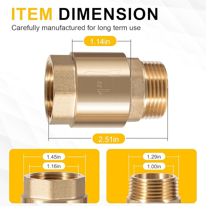 One Way Brass Check Valve, 1" NPT male in/ 1" FNPT out, Heavy Duty Prevent Backflow Water Check Valve Suitable for Well Pump Irrigation System Water Supply System, Replace for SP0465X-100 (1 Pack)