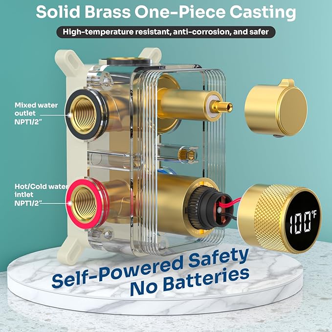 Shower Mixing Valve with Brushed Gold Trim Kit, 3 Way Shower Diverter Digital Brass Valve Body Temperature Display Mixer for Shower Faucets