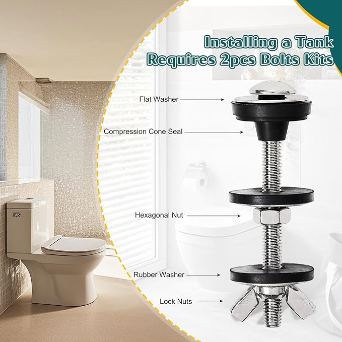 4PCS M6 Universal Toilet Tank to Bowl Bolts Kit, Heavy Duty Toilet Tank Bolts and Washers, 304 Stainless Steel Toilet Seat Bolts Kit, with Extra Long Nut Easy to Install (ΦM6, 4)