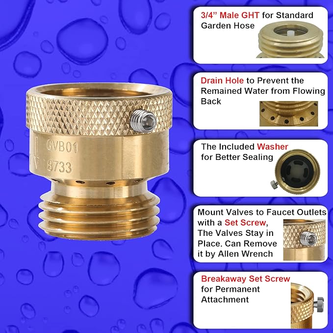 5 Pack SUNROAD Lead-Free Brass 3/4" Inch MHT Hose Bibb Connector Backflow Preventer Vacuum Breaker,Check Valve For Garden Spigot RV Hose Connection,Anti-Siphon Fitting with extra set screws