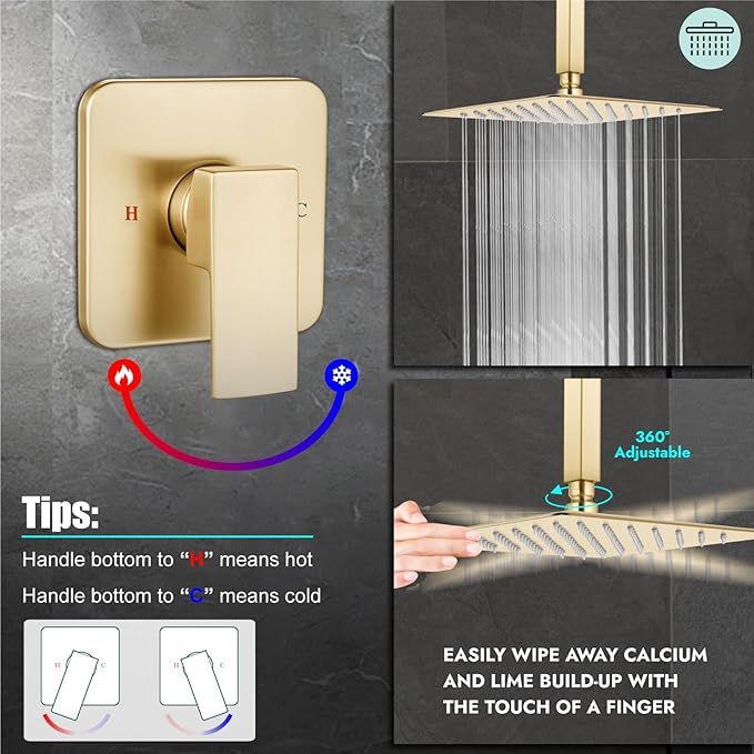 Heyalan Shower Faucet Set Square Stainless Steel Bathroom Rainfall Shower System One Handle Single Function Shower Trim Kit with Rough-in Valve Male Thread,Ceiling Mount,10 Inch,Brushed Gold