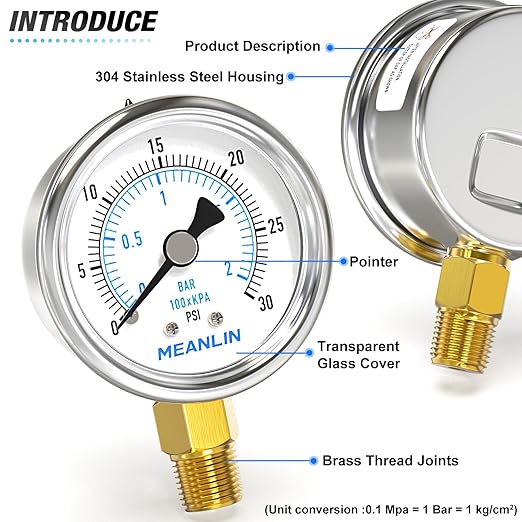 MEANLIN MEASURE 0~30Psi Dry Low Pressure Gauge Stainless Steel 1/4" NPT 2" FACE DIAL Waterproof for Pool Sand Filter Water Oil Air Pressure Test Lower Mount, with 1/2" NPT and 3/8" NPT Hex Bushing