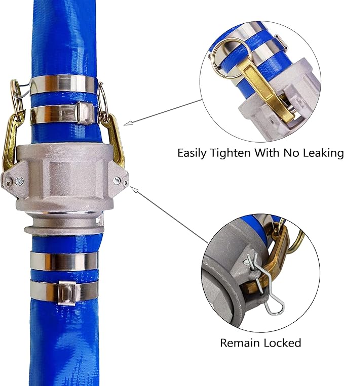 DAVCO 2" ID x 50 ft PVC Lay Flat Discharge Hose with Aluminum Camlock C and E Fittings, Heavy Duty Reinforced Blue Backwash Pump Hoses for Swimming Drain Pools and Clean Filters