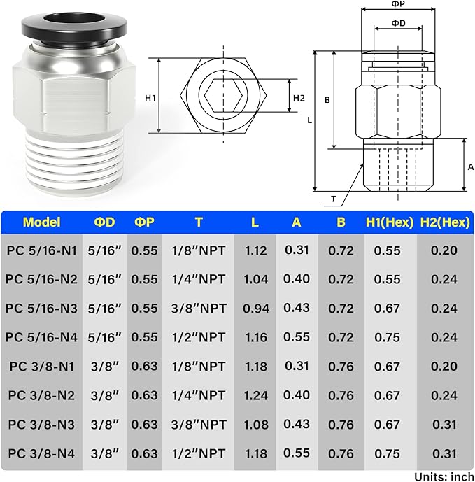 TAILONZ PNEUMATIC Male Straight 5/16 Inch Tube OD x 3/8 Inch NPT Thread Push to Connect Fittings PC-5/16-N3 (Pack of 10)