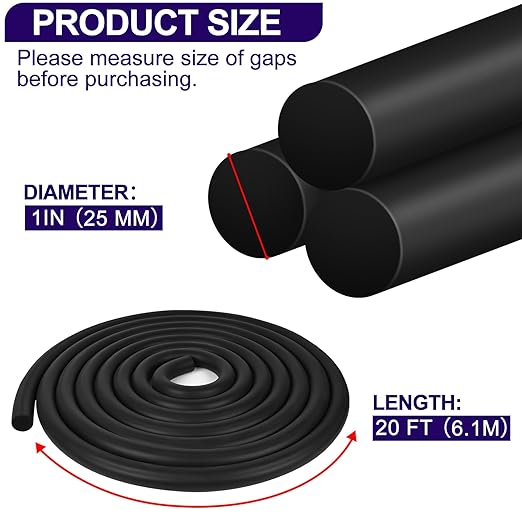 ToLanbbt Backer Rod EPDM Rubber 1" Diameter x 20' Length Caulk Saver Door Window Weather Stripping Seal for Concrete Filling Joints and Gaps (Black)
