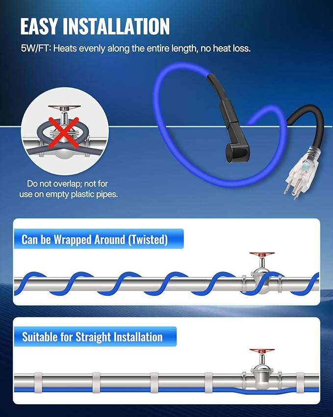 6Ft Water Pipe Heating Cable, 5W Constant Power Self-Regulating Heating Cable, 5W/FT, IPX7 Waterproof, Auto-On/Off, for Metal and Plastic Water Pipes, Freeze Protection, 120V U06HC06