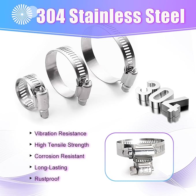 20 PCS Hose Clamp 3/8''–5/8'' Stainless Steel Hose Clamps Assortment Kit stainless steel hose clamps for Fuel Line, Plumbing, Automotive, Mechanical Applications, Tube, Garden