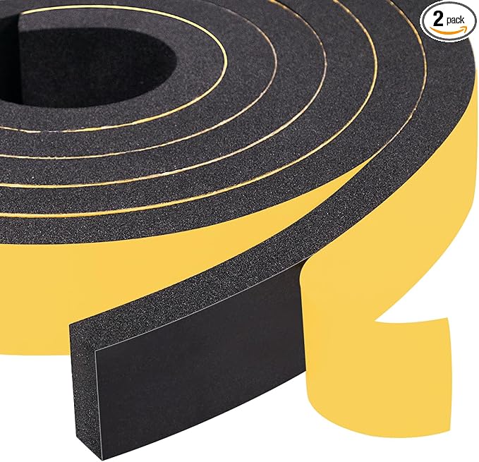 Yotache Foam Strips with Adhesive 2 Rolls 1" W X 3/8" T, (New Adhesive Craft) Black Foam Insulation Weather Stripping Door Seal Tape, 13 Ft Length (2 X 6.5 Ft Each)