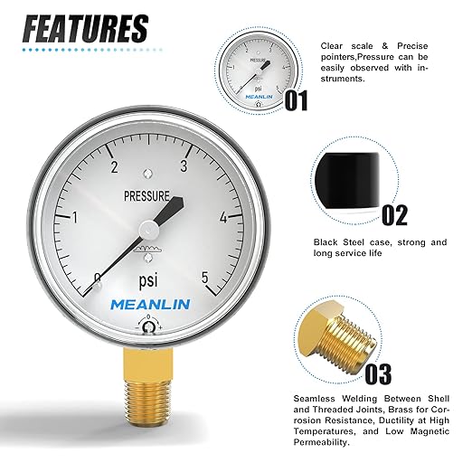 MEANLIN MEASURE 0-5psi Diaphragm Type Capsule Low Pressure Gauge 1/4" NPT 2-1/4" FACE DIAL Adjustable Water Column Gauge, with 1/4" x 1/2" NPT and 1/4" x 3/8" NPT Hex Bushing, Lower Mount