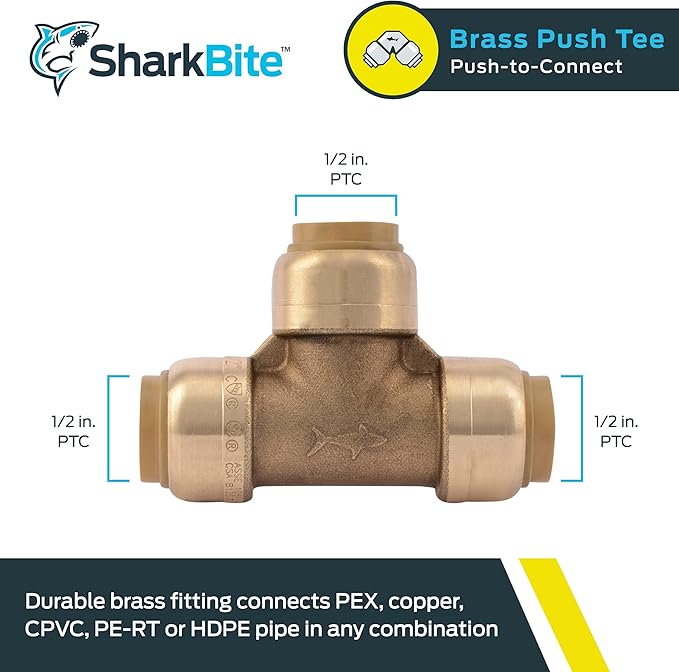 SharkBite 1/2 Inch Tee, Push to Connect Brass Plumbing Fitting, PEX Pipe, Copper, CPVC, PE-RT, HDPE, U362LFA