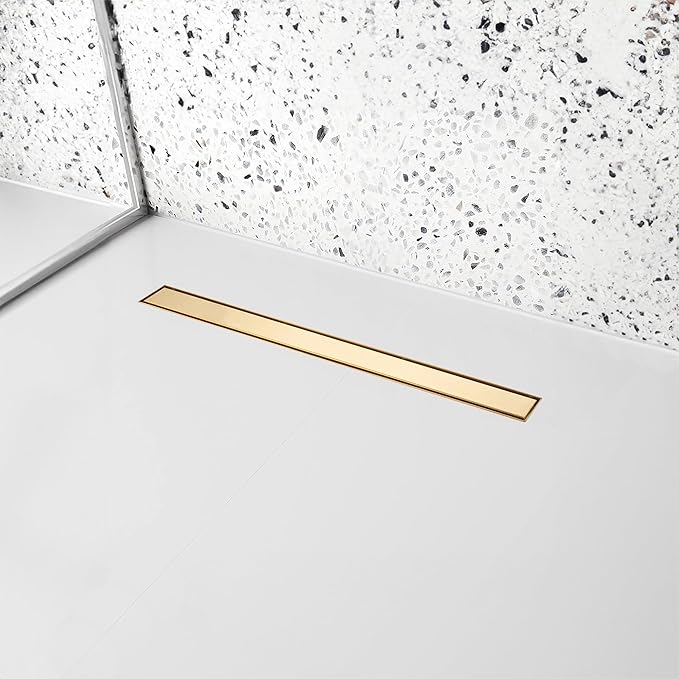 36 inch Linear Shower Drain with Removable Square Hole Panel by Using Brushed 304 Stainless Steel Process, Linear Drain Equipped with Adjustable Feet and Hair Strainer(Brushed Gold Color)