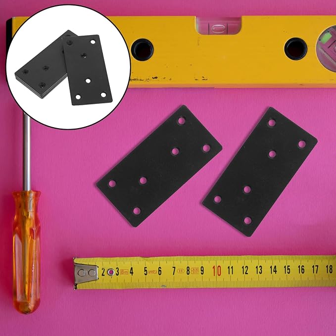 jojofuny 6 Sets Black Flat Repair Plates with Screws for Wood Furniture Reinforcement Straight Metal Brackets for Secure Fixing and Stable Support in Home and Office Use
