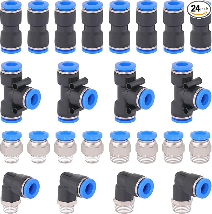 24 Pcs 3/8" Quick Connect Air Line Fittings Kit 1/4" 3/8" Pneumatic Push Lock Air Fittings Push to Connect & NPT Thread Air Hose Fittings Quick Release Airline Fitting Kit