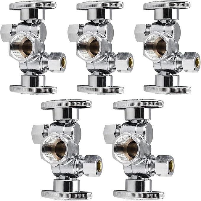 5-Pack EFIELD 1/4 Turn Dual Compression Outlet Angle Stop Valve with 2 Shut Off Valve/Handles, 1/2" Fip Iron Pipe x (3/8 inch x 3/8 inch) Chrome Plated,(VALVE140-5PCS)