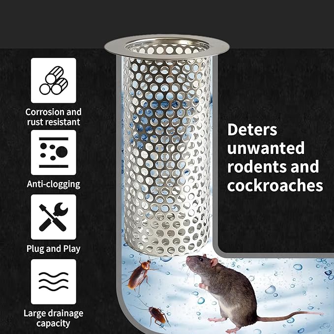 2'' Commercial Floor Drain Strainer, 4" Tall 304 Perforated Cylindrical Mesh Stainless Steel Drain Strainer for Factory/Kitchen/Hospital/Restaurant (Silver, 4" Tall x 2" Diameter)