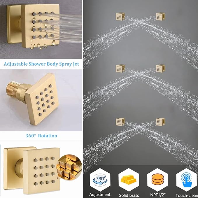 Temperature Display Rain Mixer Shower Faucet Set with 6 pcs Body Jets 12 inch Square Rainfall Shower Head with Handheld Spray Wall Mounted Rough-in Valve and Trim Included,Brushed Gold