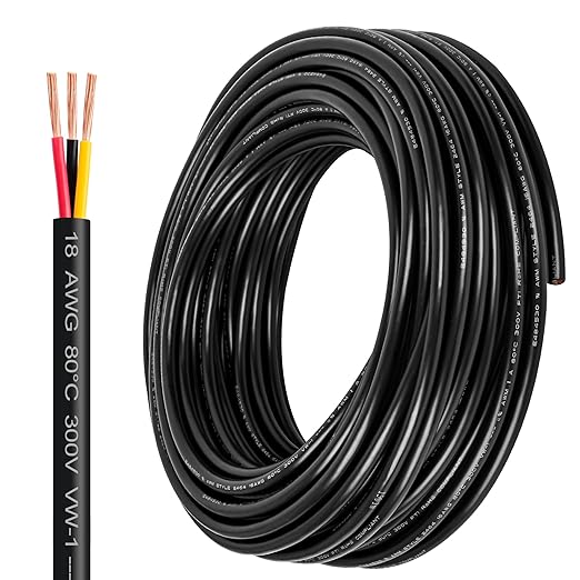 18 Gauge Wire 3 Conductor,18 AWG Electrical Wire Stranded PVC Cord Oxygen-Free Copper Cable,100FT 3 Core Pure Copper Flexible Cable Wire for LED Lamp Lighting Strips Automotive (100FT, 18AWG-3C)…
