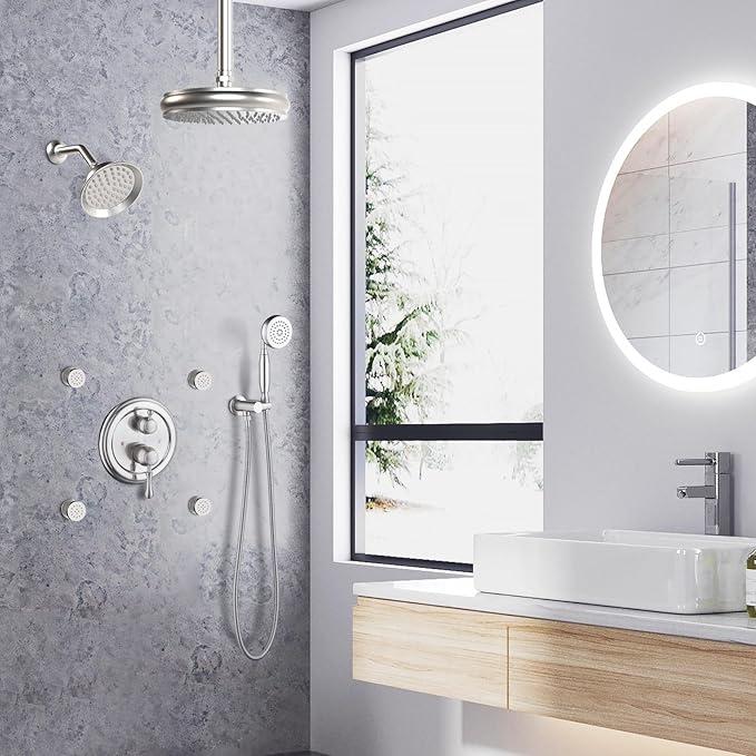 Enga Antique Shower Faucet Sets Dual Heads with 4 Body Jets, 8" + 6" Ceiling & Wall Mount Vintage Shower Head with Handheld Spray Combo, 4 Way Diverter Brass Valve, Brushed Nickel