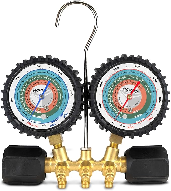 HCPRO Manifold Gauge Set R32 R290 R600 Hydrocarbon Refrigerant | Dual Scale F/C PSI | HVAC AC Brass Gauges 3-1/8" 800 PSI | 36" Hoses 4000 PSI Burst | Professional Service Kit