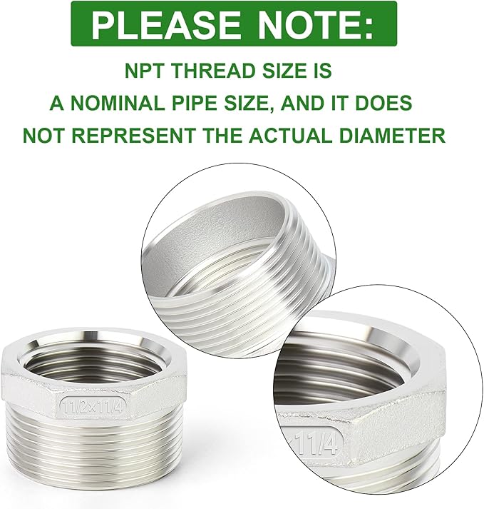TAISHER 2PCS 304 Stainless Steel Reducer Hex Bushing, 1-1/2" NPT Male x 1-1/4" NPT Female, Reducing Pipe Adapter Fitting