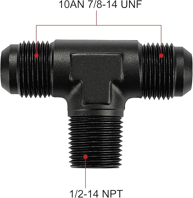 EVIL ENERGY 10AN Tee Male Flare to 1/2 NPT on Side Branch T Fitting Adapter Aluminum Black
