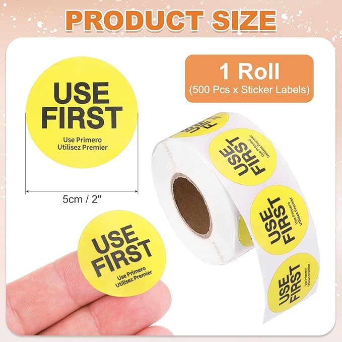 PATIKIL 500 Pcs USE First Stickers, 2 inch Round Use First Stickers Food Service Circle Inventory Control Adhesive Labels for Food Service Kitchen Restaurants Retail Storage Date, Yellow