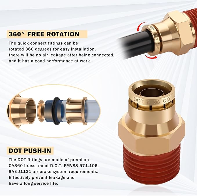 CheeMuii 3/8 Brass DOT Air Fittings With 32.8FT 3/8" DOT Air Line Kit Quick Connect DOT Air Line Fittings and PA12 Pneumatic Tubing for Semi Truck Trailer or Industrial Air System