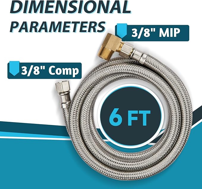 (2 Pack) Seelink 6FT Stainless Steel Dishwasher Hose, 3/8" COMP x 3/8" MIP 90 Degree Elbow, Brust Proof Water Supply Line