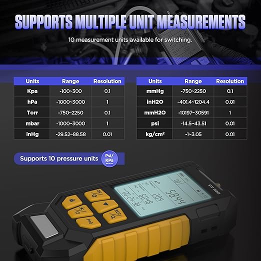 Manometer, Dual-Port HVAC Manometer with 7 Adapters, 10 Units Switch, Data Locking & Storage, Magnetic Back, Gas Pressure Tester, -100~300Kpa, PT530