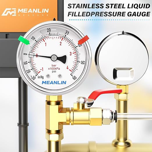 MEANLIN MEASURE -30inHG~60Psi Vacuum Pressure Gauge 1/8" NPT 2.5" FACE DIAL, Stainless Steel Liquid Filled Pressure Gauge WOG Water Oil Air Lower Mount (with 2PCS Snaps)