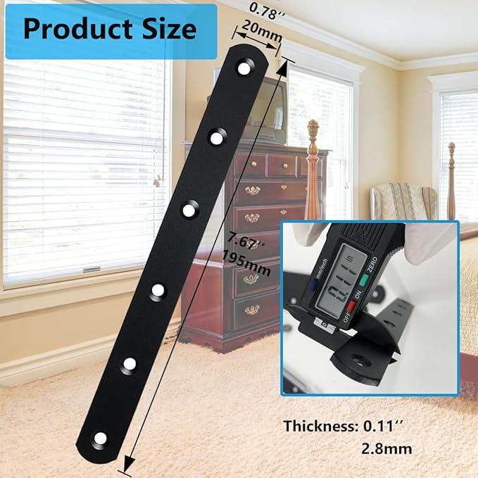QSJ 4 Pcs Black Straight Bracket Brace Stainless Steel Brackets 195mm / 7.67" Brace for Wood with Screws and Screwdriver