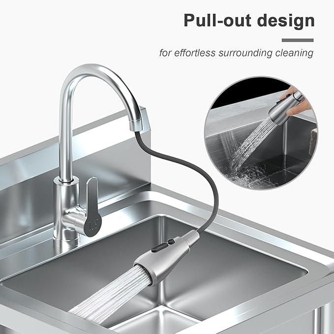 20 Inch Stainless Steel Utility Sink, Commercial Single Bowl with 360° Swivel Pull-Out Sprayer Faucet, Hot & Cold Water Lines, Drain Kit + Base Plate for Kitchen, Garage, Laundry
