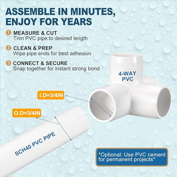 40 Pack 3/4" SCH40 PVC Elbow Pipe Fitting, 4-Way PVC Elbow Corner Side Outlet Tee Fitting, Furniture Grade Pipe Connectors for DIY Project, Pond Protection, Socket x Socket