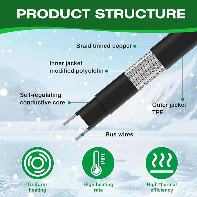 3FT Heat Tape for Water Pipes, -40°F Anti-Freeze De-Icing Heating Tape, Pipe Insulation Heating Cable for Insulation/Roof Snow Removal , Gutter Heating Cable, Heated Water Hose 120V 5W/ft(3FT)